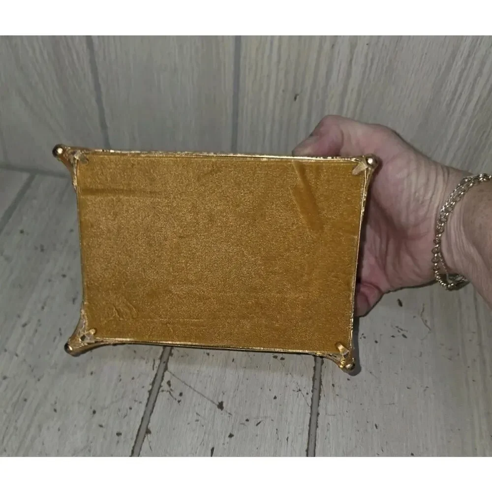 Vintage Antique Gilt Filigree Velvet Lined Beveled Glass Jewelry Box Victorian